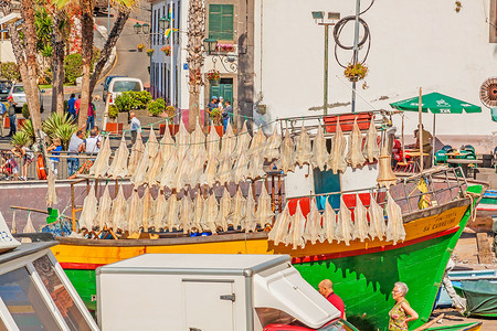 猫鲨在五颜六色的渔船，Camara de Lobos，马德拉岛晒干