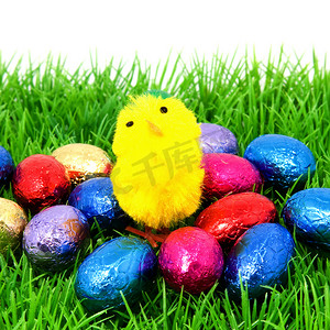 草地上的复活节彩蛋和鸡