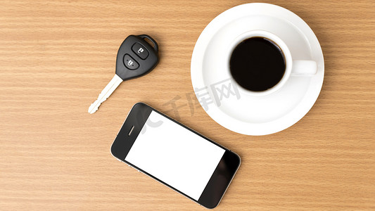 咖啡车摄影照片_咖啡杯和电话和车钥匙