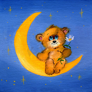 坐在月亮上的棕色小泰迪熊