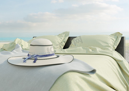 带伞摄影照片_海滩休息室 — 带伞的海景床，适合度假和夏季概念照片