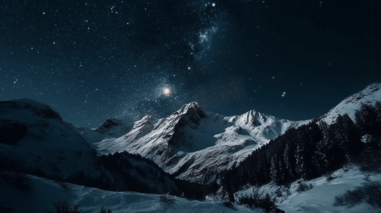 白雪覆盖的群山，满天繁星