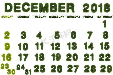 2018 年 12 月的日历，白色背景，3d 渲染 gree