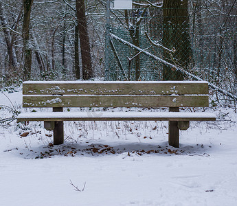 覆盖着一层雪的木林长椅，冬季的树林，寒冷和多雪的天气