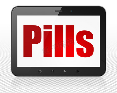 健康理念： Tablet Pc 计算机与展出的药片