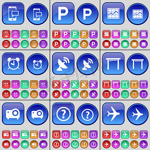 问号按钮摄影照片_短信、停车、图表、闹钟、卫星天线、桌子、投影仪、问号、飞机。