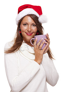 戴着圣诞帽喝着咖啡茶的冷漠年轻女人