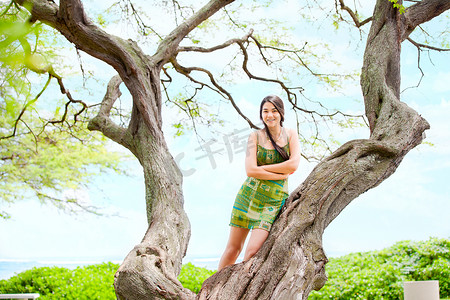 站在夏威夷大树枝上的少女