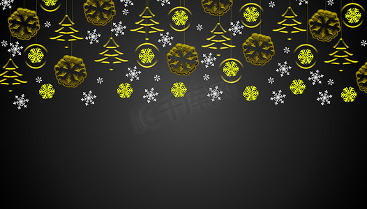 黑色圣诞背景摄影照片_带有金色挂饰和雪花的黑色圣诞背景