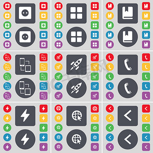 箭头左摄影照片_套接字、应用程序、字典、连接、火箭、接收器、闪光灯、Web 光标、箭头左图标符号。