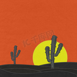 沙漠中的仙人掌，织物背景上有针法