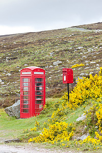 电话亭人摄影照片_苏格兰莱德附近的电话亭和信箱
