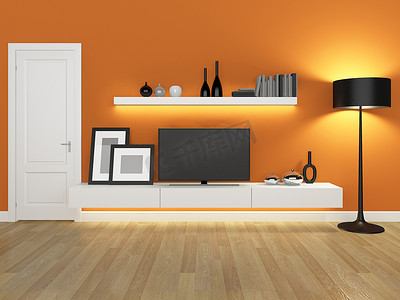 带抽屉电视柜摄影照片_带电视柜和书柜的橙色客厅-效果图