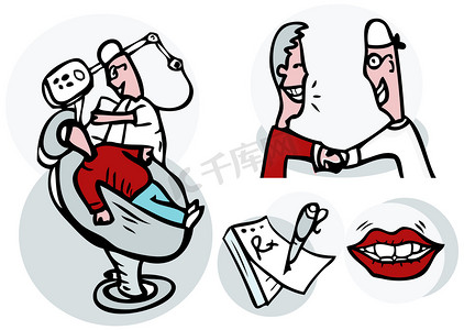 牙科医生卡通摄影照片_研究病人矢量图标集的牙医