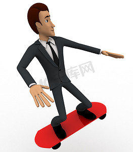 红色背景立体背景摄影照片_3d 立体人跳跃与红色滑板概念