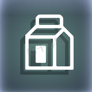 纸箱图标摄影照片_蓝绿色抽象背景上的牛奶、果汁、饮料、纸箱包装图标符号，带有文本的阴影和空间。