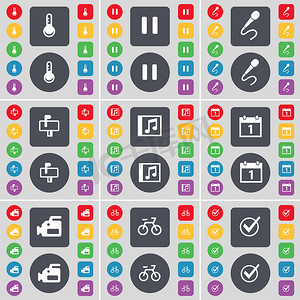 话筒音乐图标摄影照片_温度计、暂停、麦克风、邮箱、音乐窗口、日历、胶卷相机、自行车、刻度线图标符号。