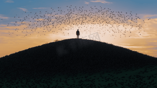 站在山顶上靠近一群鸟的人