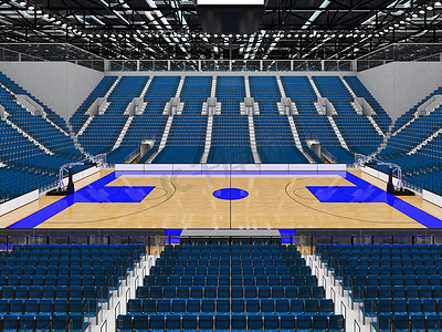 蓝色座椅摄影照片_美丽的现代篮球运动场，配有蓝色座椅和贵宾包厢
