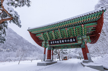 冬天的内藏山下着雪。