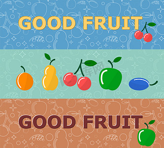 水果图案装饰摄影照片_在明亮的背景上设置带有水果的水平横幅。
