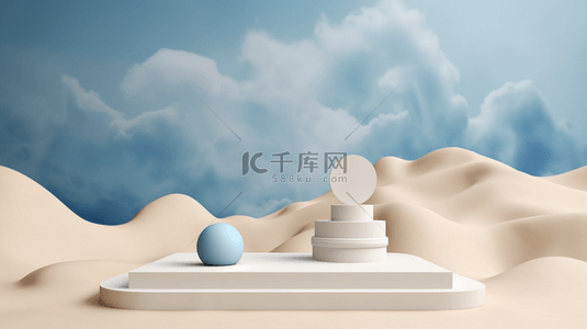 大理石产品展示台和几何抽象石头形状的沙丘3D渲染