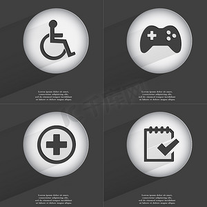 游戏任务面板摄影照片_残疾人，游戏手柄，加号，任务完成图标标志。