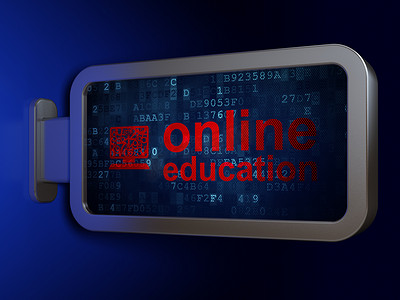 教育理念： 在线教育和广告牌背景上的计算机 Pc