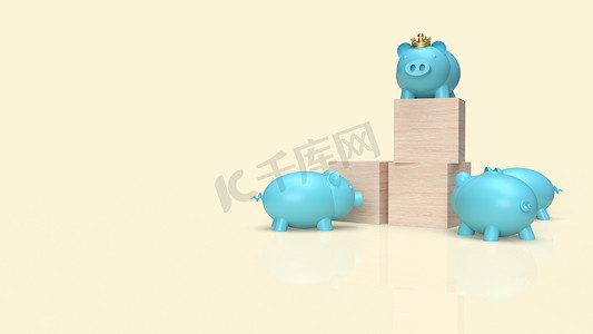 蓝猪银行和木立方体上的皇冠，用于业务内容 3d