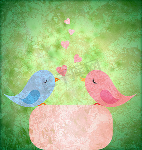小鸟创意装饰摄影照片_垃圾复古纸背景上相爱的蓝色和粉红色小鸟