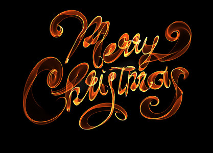 圣诞快乐孤立的文字刻字用火焰火光写在黑色背景上。