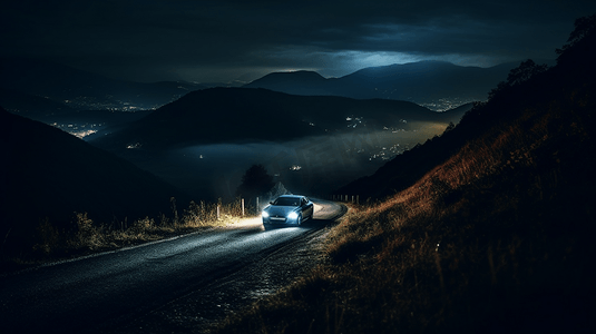路上的汽车摄影照片_夜间在山路上行驶的汽车