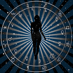 星座海报摄影照片_占星术黄道带星座背景与女人的轮廓。