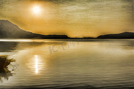 夕阳下的湖面油画