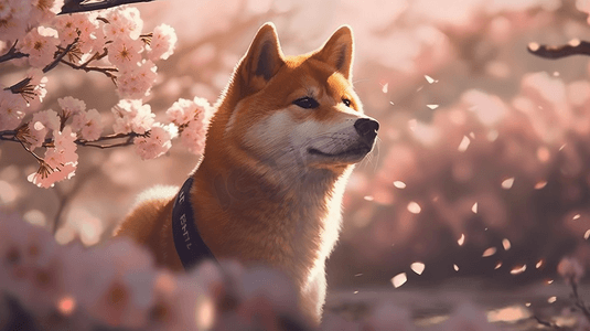 樱花树与小柴犬动物插画