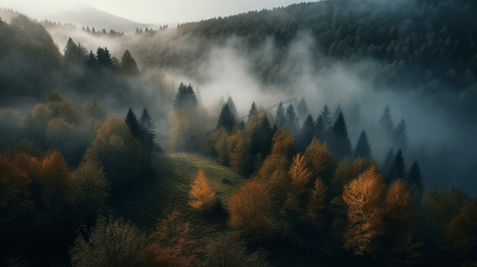 低空摄影照片_笼罩在浓雾和低空云层中的森林