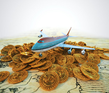 带金币的客机旅游商务背景概念3d图