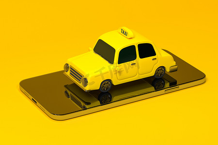 卡通出租车摄影照片_迷你 3D 出租车，带手机的迷你车，3d 渲染。