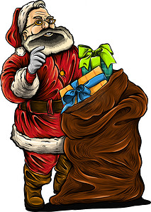 卡通帽子冬天摄影照片_复古圣诞徽章与卡通圣诞老人拿着一份礼物。