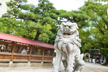 森林狮子摄影照片_日本寺庙中的狮子雕像