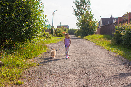 牵着狗带散步的小女孩