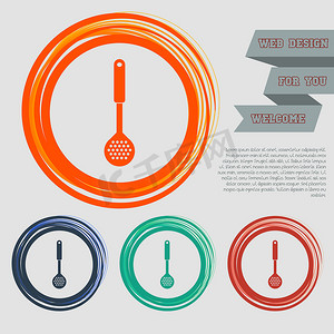 红色、蓝色、绿色、橙色按钮上的烹饪图标为您的网站和带有空格文本的设计。