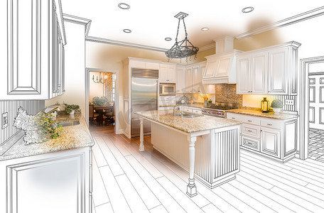 漂亮的定制厨房绘图和白色照片组合。