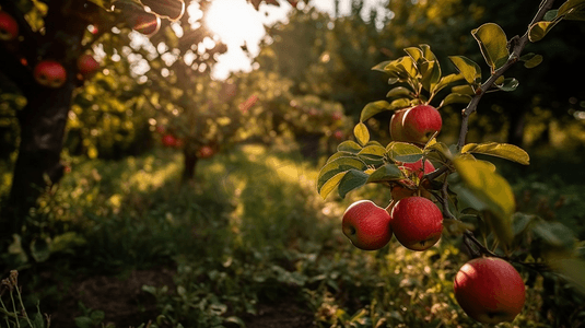 善良的摄影照片_苹果生长在果园的树上