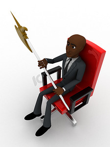 坐在红色椅子上的 3d 人用斧头概念