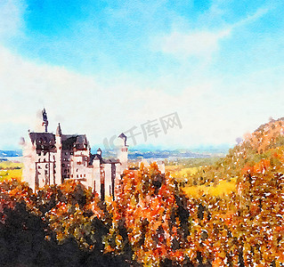 水彩艺术版画，阿尔卑斯山中的城堡