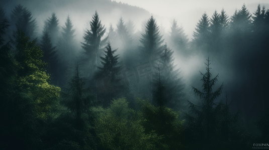 浓雾森林摄影照片_布满了浓雾的树木的森林