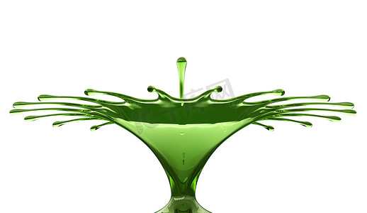 水滴溅水摄影照片_带有水滴和水冠的彩色绿色液体飞溅是