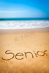 字金色沙子摄影照片_“热带海滩上用沙子写的高级字”