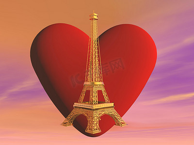 埃菲尔铁塔红色摄影照片_爱巴黎，法国 - 3D 渲染